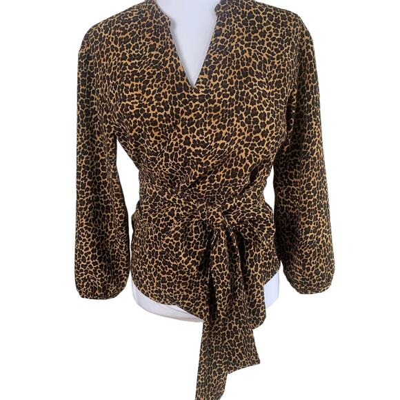 J. Crew Size S Peplum Sara Leopard Print Wrap Top Blouse Black Tan Long Sleeve - Picture 3 of 15